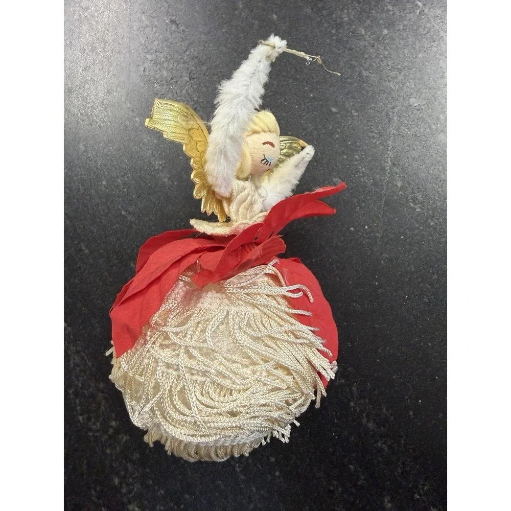 Vtg Handmade Christmas Angel Ornament Poinsettia Sequins Yarn Hair Gold Wings 6